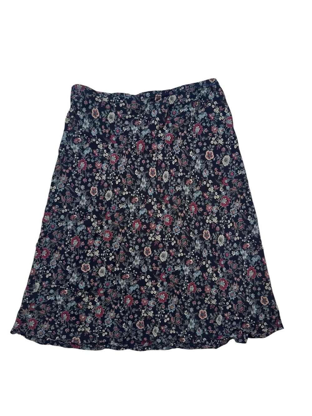 Vintage 90s Dark Floral Knee Length Pull On Skirt Size Small BASICS Blue Red